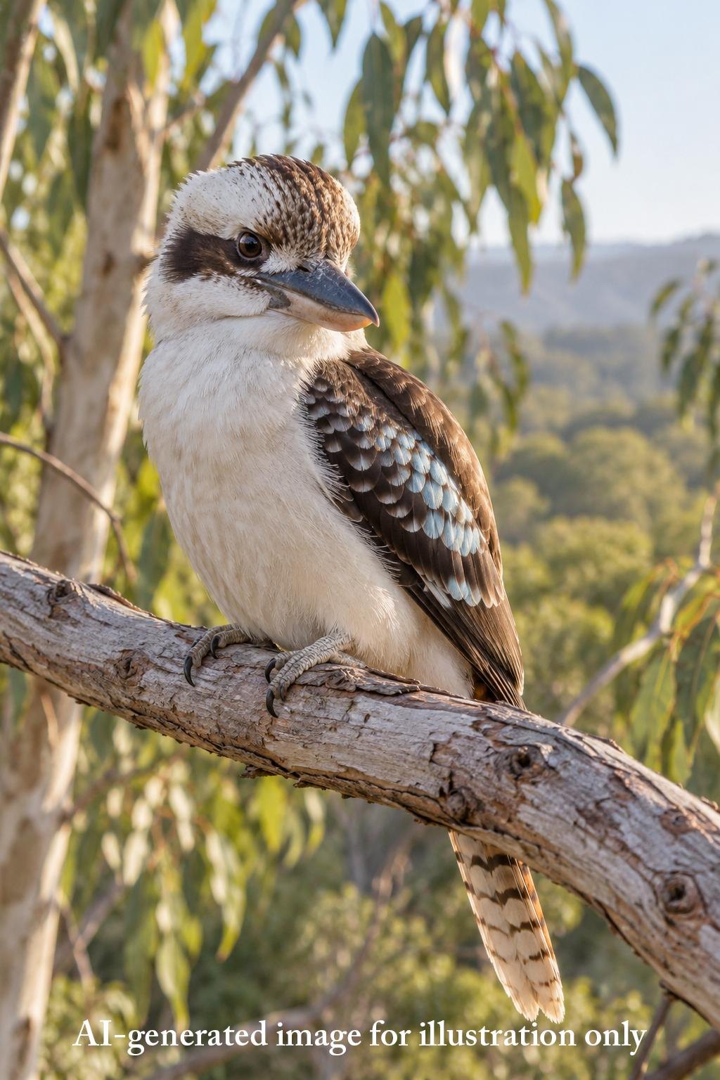 An AI-generated image of a kookaburra perched on a gum branch, used for illustration only