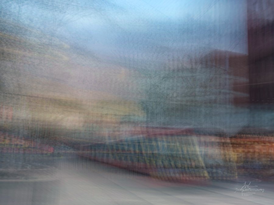 A pastel streetscape dissolved into fine horizontal weave, Hay Street, Sydney, 2026, from the Sydney Streets series, an Intentional Camera Movement photograph by Jacky Lee