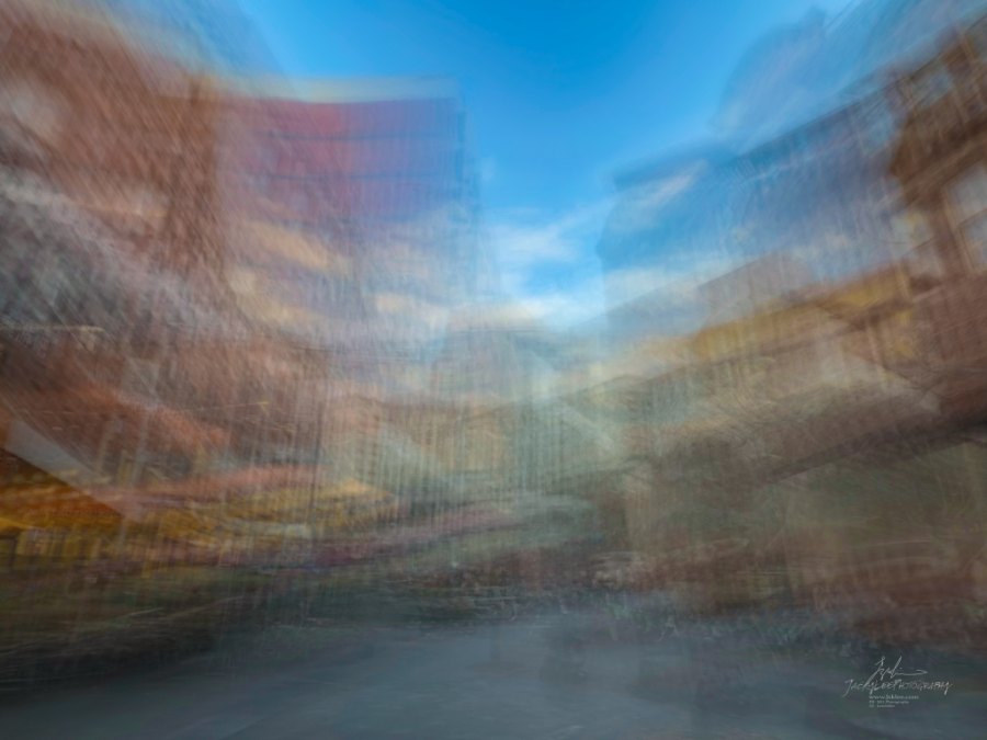 Buildings drawn into rising columns of colour, Thomas Street No. 3, Sydney, 2026, from the Sydney Streets series, an Intentional Camera Movement photograph by Jacky Lee