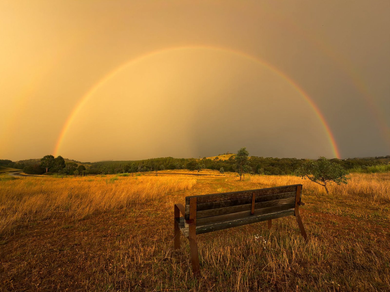 A weathered wooden bench facing a full rainbow over golden grassland and wooded hills after rain, at Coombs, Canberra